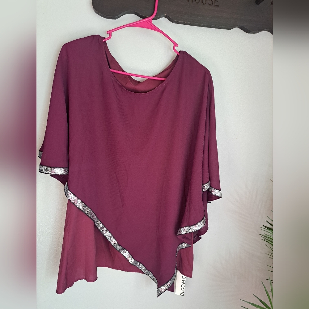 Bloomchic Chiffon Overlay Sequin Eggplant Purple Tunic Top Sz14/16 NEW